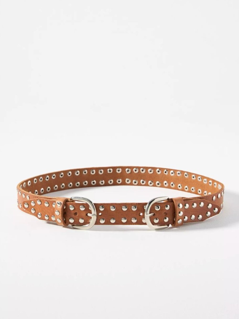 Anthropologie Double Buckle Studded Belt Cognac Leather S/M - Picture 2 of 7